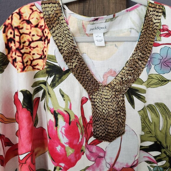 Peck & Peck 100% Linen Blouse L Floral Beaded Collar Poncho Oversize Boxy Kimono - Picture 5 of 14